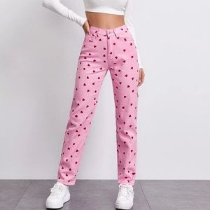 SHEIN Pink Heart Graphic High Waisted Mom Jeans